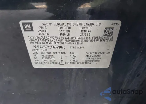 2015 Chevrolet Equinox 1Lt from USA, damaged, VIN 2GNALBEK8F6329070